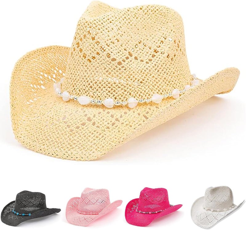 SOLARAE Straw Cowboy Hat for Men Women with Beaded Trim and Shapeable Brim Travel Sun Cowgirl Summer Panama Outdoor Family Stay Cool Shaded in Style - Image 1
