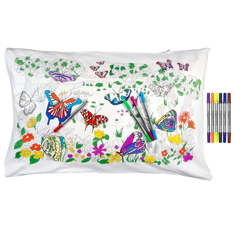 eatsleepdoodle eatsleepdoodle Coloring Pillowcase for Kids w 10pk Washable Markers for Kids  30x20in Butterfly Kids Coloring Pillowcase  Ultra Washable  Reusable Arts and Crafts for Kids 