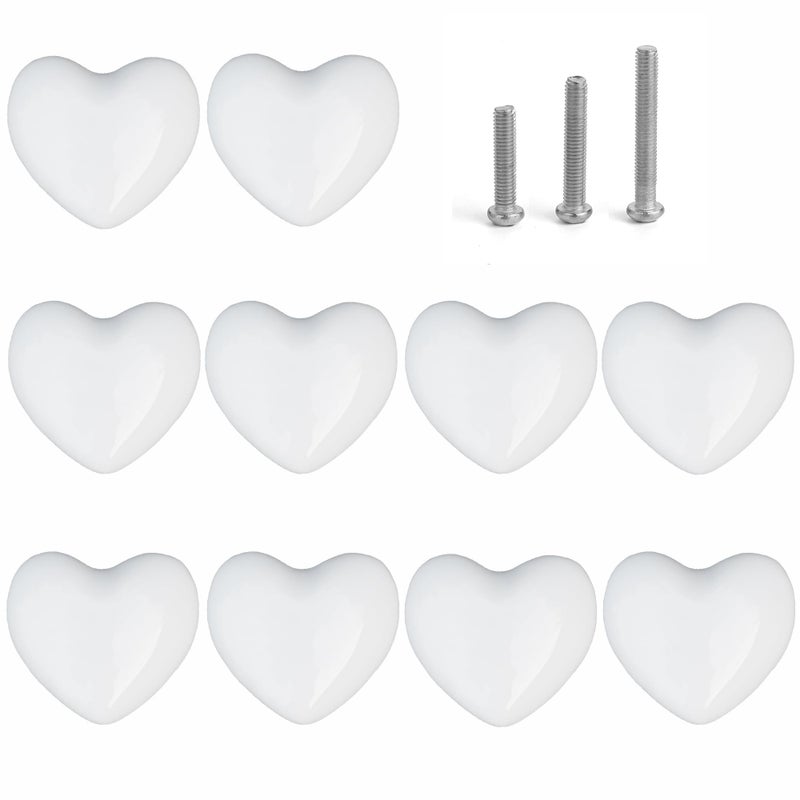 Perphin Ceramic Drawer Knobs Heart Shape Cabinet Dresser Pulls Handles with 3 Sized Screws Kitchen Furniture Knobs for Closet Cupboard Wardrobe White 10 Pack