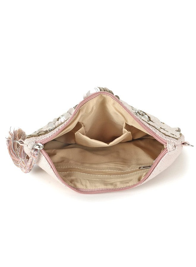 Anekaant Ghoomar Pastel Pink & Champagne Zari Polycotton Floral Embellished Sling Bag - Image 4