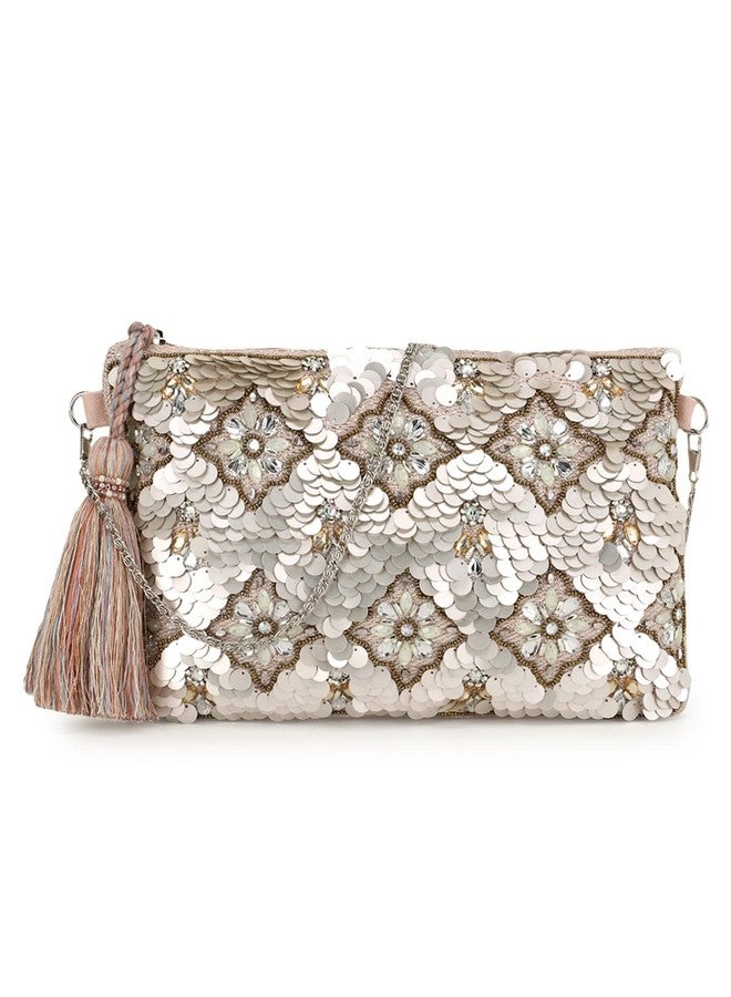Anekaant Ghoomar Pastel Pink & Champagne Zari Polycotton Floral Embellished Sling Bag - Image 1