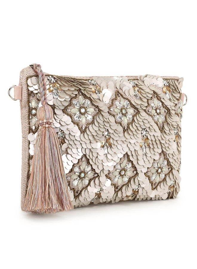 Anekaant Ghoomar Pastel Pink & Champagne Zari Polycotton Floral Embellished Sling Bag - Image 2