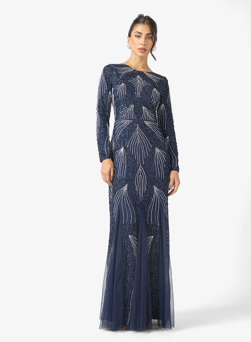 ماري Elina Modest Embellished Sequin Long Sleeve Maxi Dress
