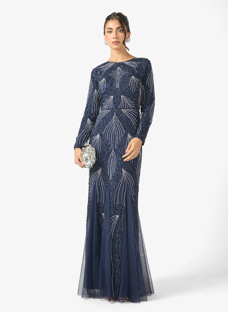 ماري Elina Modest Embellished Sequin Long Sleeve Maxi Dress