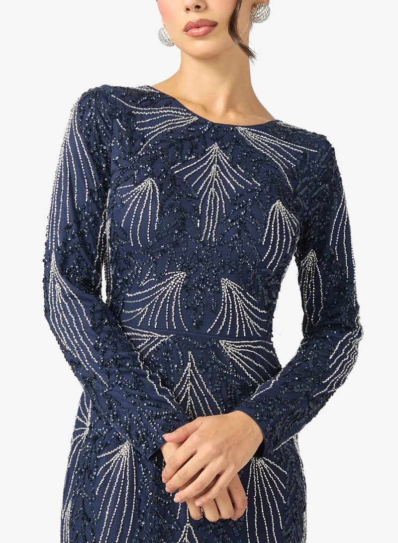 ماري Elina Modest Embellished Sequin Long Sleeve Maxi Dress