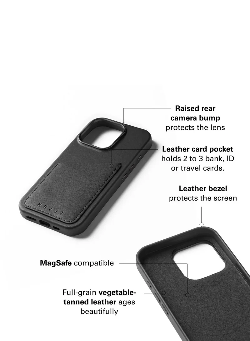 موجو طاء المحفظة الجلدية من موجو لهاتف iPhone 16 Pro - غطاء جلدي أوروبي فاخر بجيب للبطاقات، حماية محسّنة للهاتف وعدسة الكاميرا، متوافق مع MagSafe - غطاء محفظة iPhone 16 Pro (باللون الأسود).