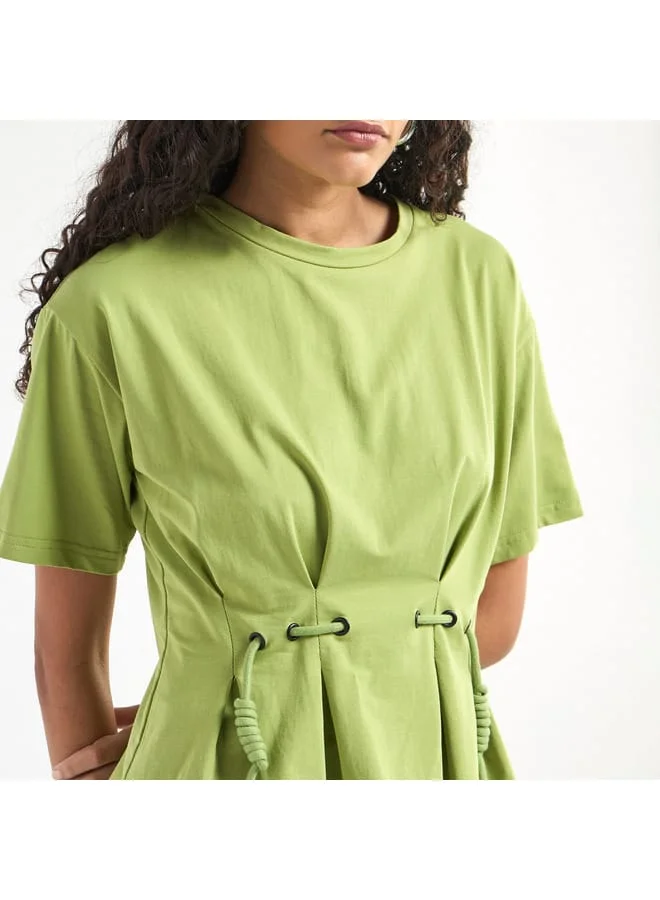 Splash FAV Solid Pleated Top with Short Sleeves and Crew Neck