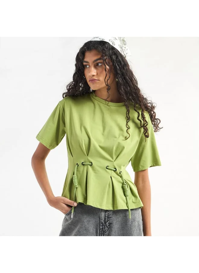 FAV Solid Pleated Top with Short Sleeves and Crew Neck