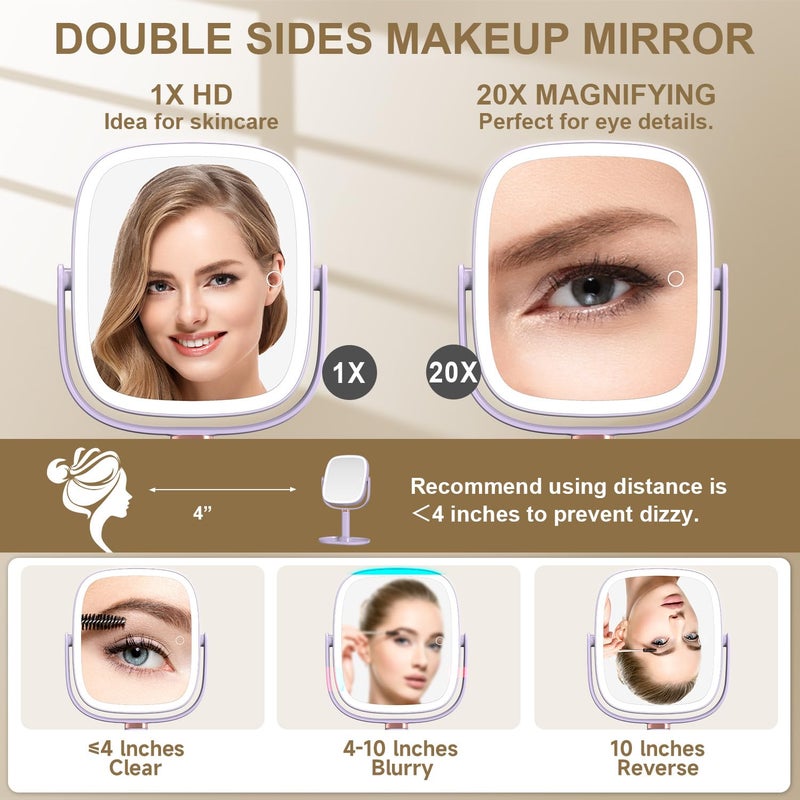 Mocado Makeup Mirror with Lights, 1X/20X Magnifying Mirror with Light, Vanity Mirror with 3 Colors Lights, Height Adjustable Lighted Makeup Mirror, Double Sided 360Â°Rotation, Memory Function (Purple) - Image 4