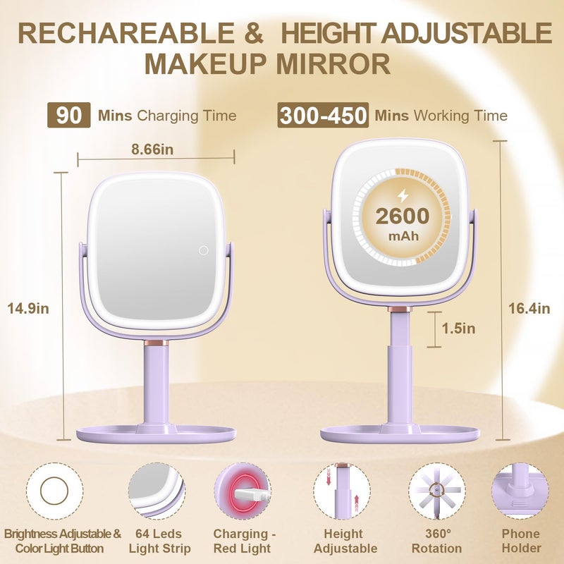 Mocado Makeup Mirror with Lights, 1X/20X Magnifying Mirror with Light, Vanity Mirror with 3 Colors Lights, Height Adjustable Lighted Makeup Mirror, Double Sided 360Â°Rotation, Memory Function (Purple) - Image 5