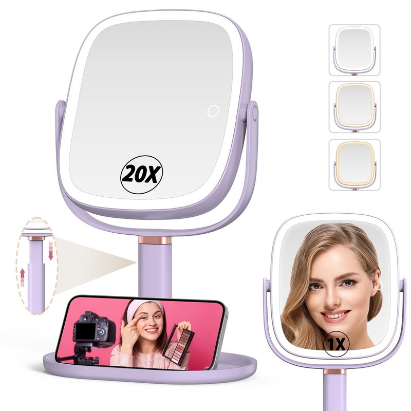 Mocado Makeup Mirror with Lights, 1X/20X Magnifying Mirror with Light, Vanity Mirror with 3 Colors Lights, Height Adjustable Lighted Makeup Mirror, Double Sided 360Â°Rotation, Memory Function (Purple) - Image 1