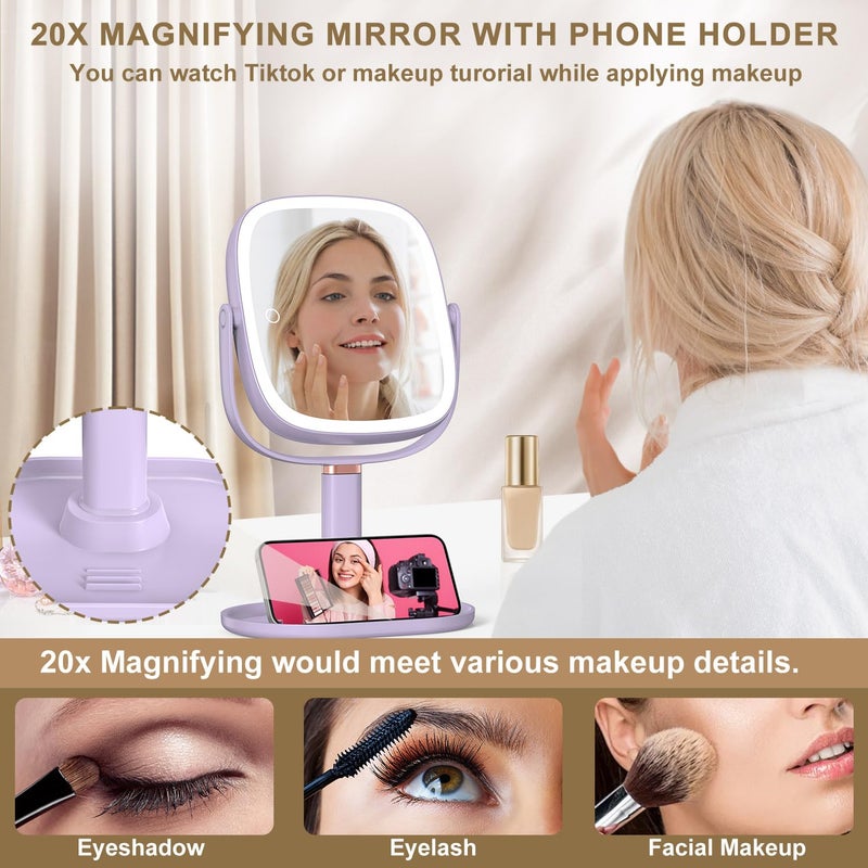 Mocado Makeup Mirror with Lights, 1X/20X Magnifying Mirror with Light, Vanity Mirror with 3 Colors Lights, Height Adjustable Lighted Makeup Mirror, Double Sided 360Â°Rotation, Memory Function (Purple) - Image 3