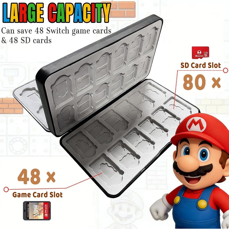 حقيبة ألعاب Switch تتسع لـ 48 بطاقة ألعاب نينتندو سويتش و48 بطاقة Micro SD، حامل خراطيش ألعاب نينتندو سويتش مع 48 فتحة، صندوق تخزين ألعاب مضغوط ومحمول (أسود) - Image 2