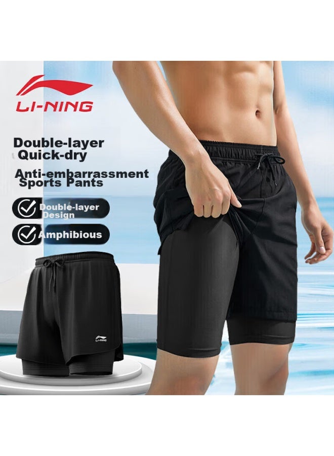 Li-ning Men's Swim Trunks, Anti-embarrassment Quick-dry Loose-fit Boxer Shorts, Double-layer Beach Shorts For Hot Springs And Seaside Vacations, Black - Image 1