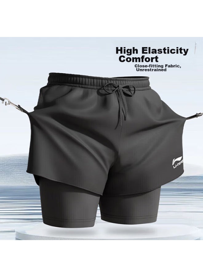 Li-ning Men's Swim Trunks, Anti-embarrassment Quick-dry Loose-fit Boxer Shorts, Double-layer Beach Shorts For Hot Springs And Seaside Vacations, Black - Image 4