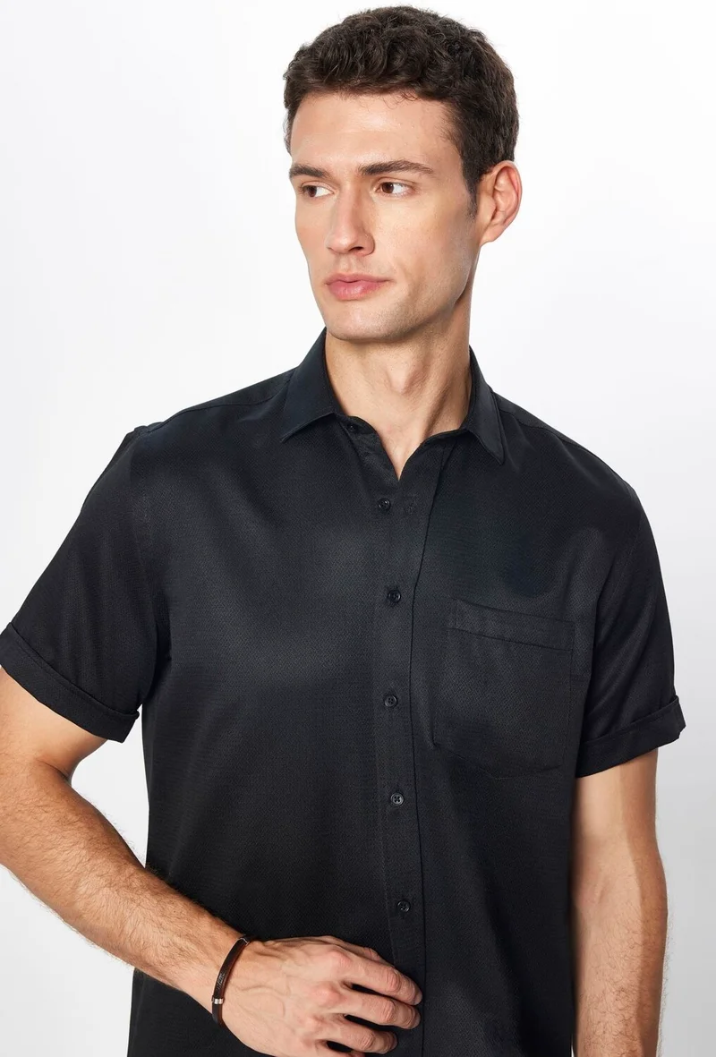 Tudors Classic Fit Short Sleeve Tie Holder Cotton Dobby Black Summer Shirt