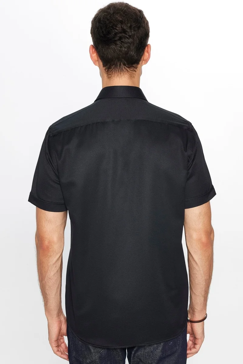 Tudors Classic Fit Short Sleeve Tie Holder Cotton Dobby Black Summer Shirt