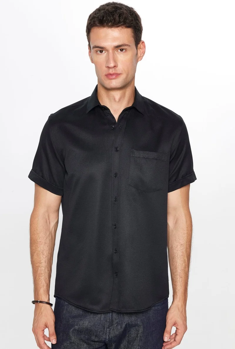 Tudors Classic Fit Short Sleeve Tie Holder Cotton Dobby Black Summer Shirt