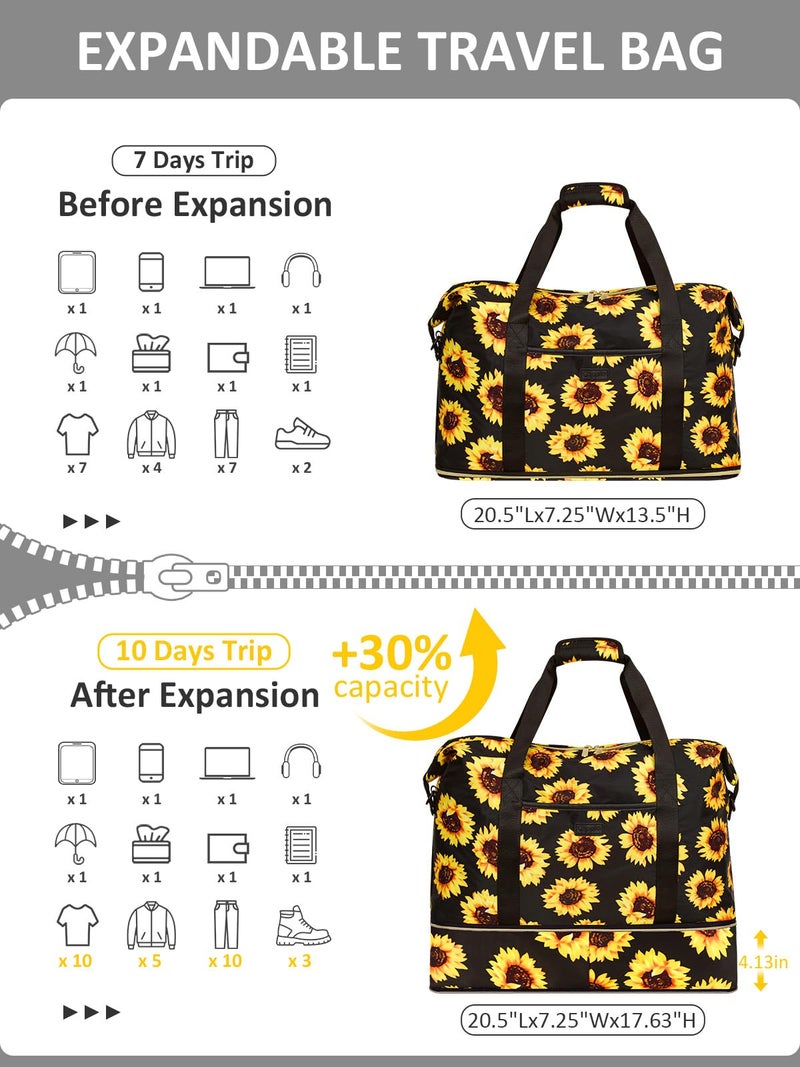Capolo Expandable Travel Duffle Bag, Waterproof Weekender Overnight Bags for Women Men Hospital Bag for Women Labor Delivery Carry on Bag with Toiletry Bag for Travel Gym Airplanes(Sunflower, X-Large) - Image 3