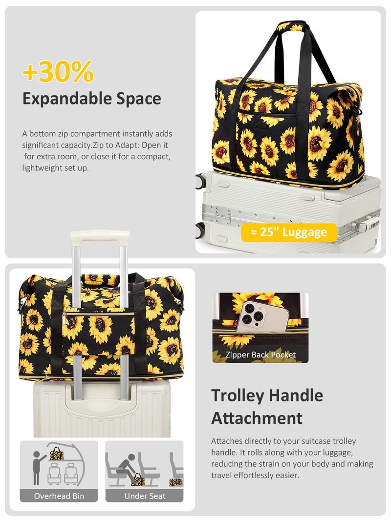 Capolo Expandable Travel Duffle Bag, Waterproof Weekender Overnight Bags for Women Men Hospital Bag for Women Labor Delivery Carry on Bag with Toiletry Bag for Travel Gym Airplanes(Sunflower, X-Large) - Image 5