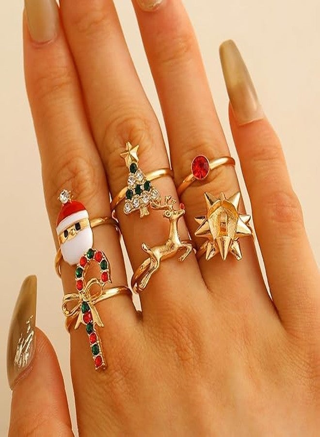 رويزن مجموعة خواتم عيد الميلاد القابلة للتعديل من RUIZHEN مكونة من 6 قطع للنساء، تتضمن خاتمًا على شكل شجرة عيد الميلاد، وقوسًا، وعصا بابا نويل، وعصا غزال، بالإضافة إلى مجموعة مجوهرات (6 قطع). - Image 3