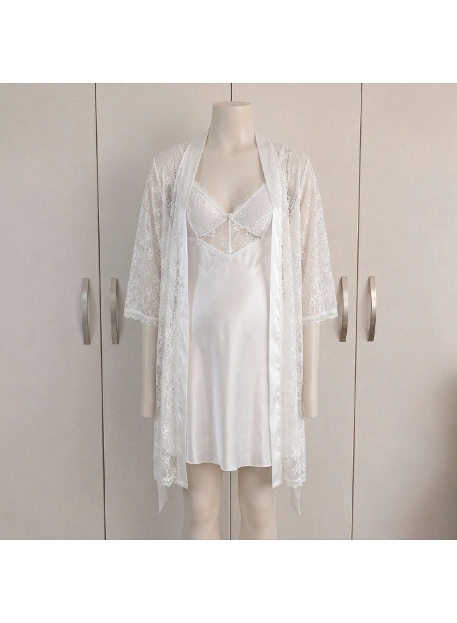 Women’s Lace Satin Nightdress with Robe – Elegant V-Neck Lingerie Sleepwear Set | Soft Lightweight Homewear | Made for Comfort | Made in Turkey - Image 1