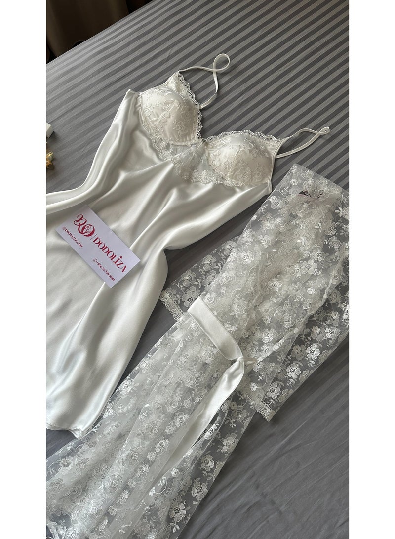 Women’s Lace Satin Nightdress with Robe – Elegant V-Neck Lingerie Sleepwear Set | Soft Lightweight Homewear | Made for Comfort | Made in Turkey - Image 2