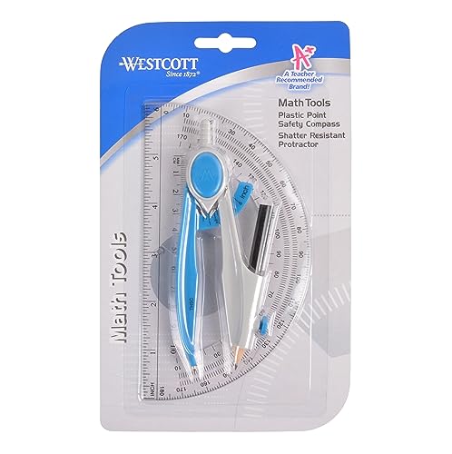 Westcott Compass and Protractor Math and Geometry Set, Essential School Supplies, Plastic Compass for Circles Up to 13-Inches, Back to School, Classroom, School Supplies, 6-Inch Protractor, Assorted Colors - Image 1