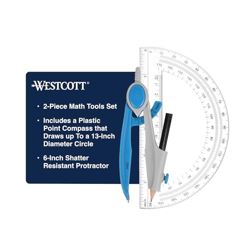 Westcott Compass and Protractor Math and Geometry Set, Essential School Supplies, Plastic Compass for Circles Up to 13-Inches, Back to School, Classroom, School Supplies, 6-Inch Protractor, Assorted Colors - Image 2
