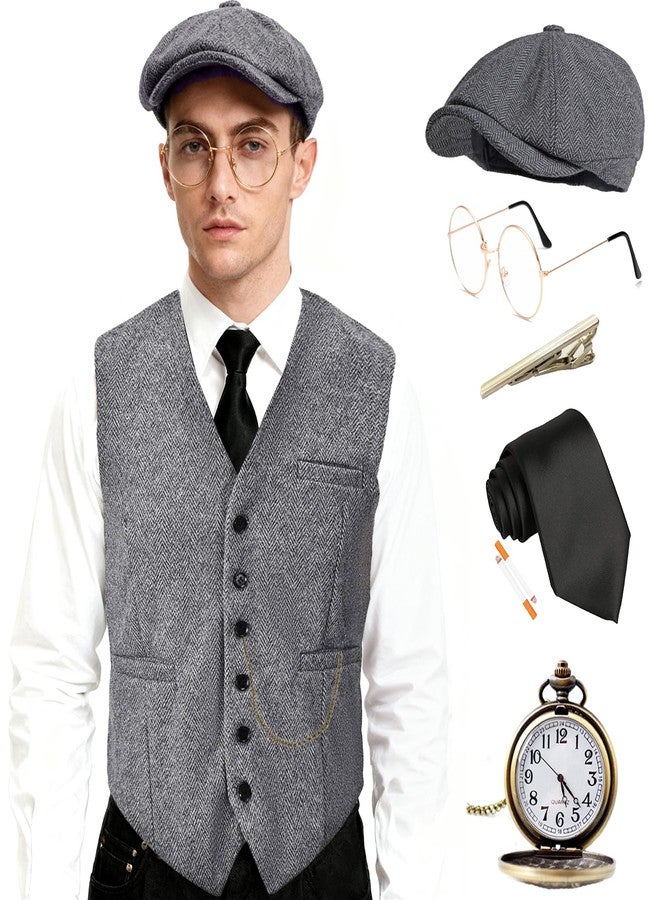 EFORLED Halloween 1920s Mens Costume Accessories Set,Great Gatsby Clothing,Roaring 20s Pocket Watch,Mafia Mobster Hat for Old Man,1LGray-S - Image 1