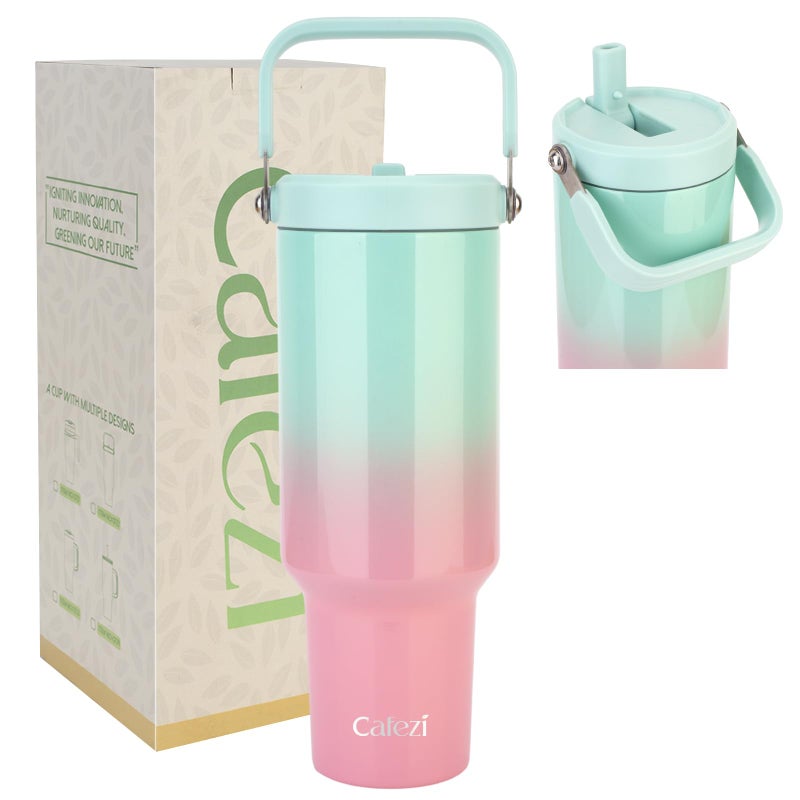 Cafezi 40 oz Insulated Tumbler with Top Handle and Flip Straw Vacuum Insulated Stainless Steel Cup SweatFree Fits Cup Holder Keeps Drinks Cold up to 30 Hours