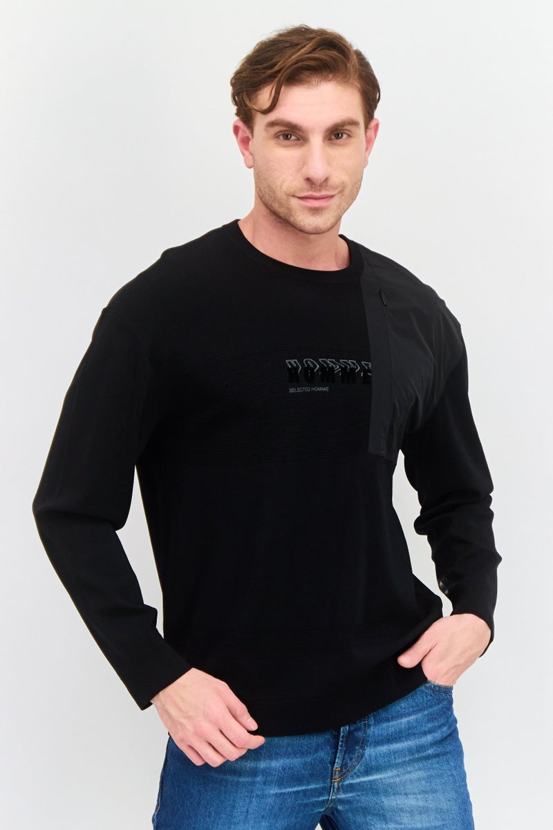 SELECTED Men Crew Neck Long Sleeves Graphic Print Sweater, Black - Image 1