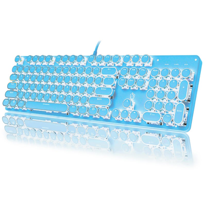 YSCP Typewriter Style Mechanical Gaming Keyboard White Backlit Wired with Blue Switch Retro Round Keycap 104 Keys Keyboard Blue - Image 2
