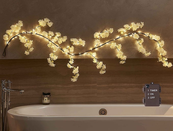 Cherry Blossom Garland with Lights Battery Operated with Timer 96 Fairy Lights 6FT Lighted White Flower Garland for Mantle Fireplace Wedding Party Spring Decoration Indoor Outdoor
