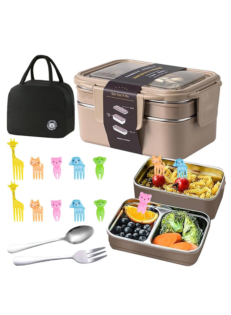 LAIAOCISI Bento Lunch Box for Adults & Kids, Reusable 304 Stainless Steel Meal Box with 2 Layers Divders,Suitable Freezer Dishwasher,Healthy Lunches & Snacks, 1200ml Leakproof Food Storage Containers with Spoon, Fork, 10pcs Fruit forks and Bag - Image 1