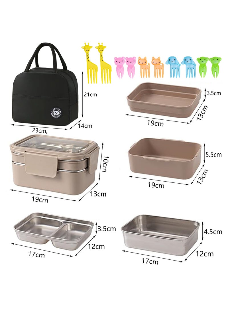 LAIAOCISI Bento Lunch Box for Adults & Kids, Reusable 304 Stainless Steel Meal Box with 2 Layers Divders,Suitable Freezer Dishwasher,Healthy Lunches & Snacks, 1200ml Leakproof Food Storage Containers with Spoon, Fork, 10pcs Fruit forks and Bag - Image 2