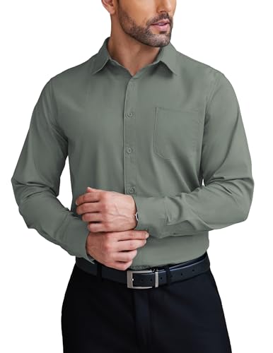 COOFANDY Men's Dress Shirt Classic Fit Button Up Shirts Long Sleeve Stretch Wrinkle-Free Shirt Army Green - Image 1