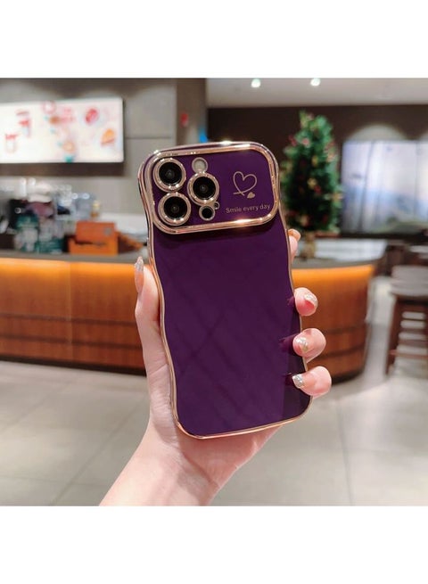 Electroplated Heart Large Window Iphone15Pro Wave Mobile Phone Case Suitable For Apple 14 Protective Cover 13/12 Soft Shell-Color:Wave Electroplated Large Window-dark Purple Double Hearts-Applicable Models:iphone 16 Pro