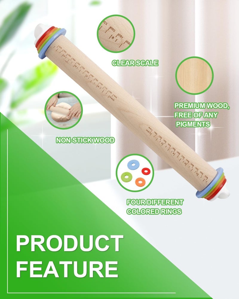 PROKITCHEN 16.7" Wood Rolling Pin with Thickness Rings, Adjustable Wooden Rolling Pins for Cookie Pastry Tools, Dough Roller Pins with 1PCS Silicone Pastry Mat & 11PCS Stainless Steel Cookie Cutters - Image 3