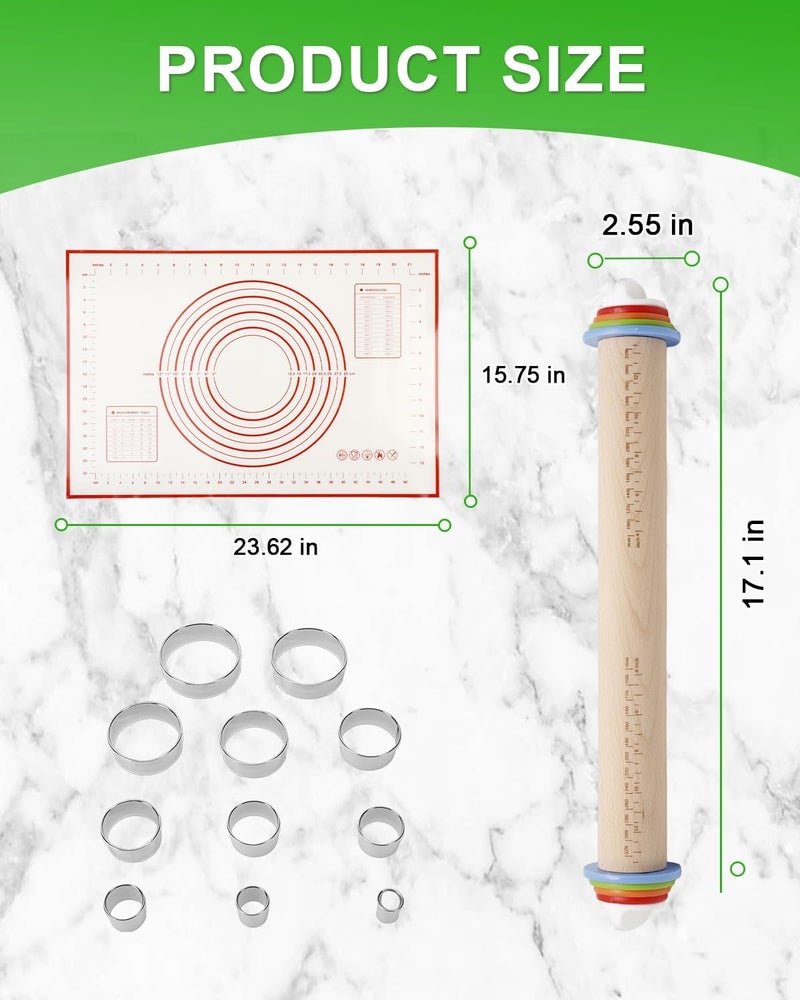 PROKITCHEN 16.7" Wood Rolling Pin with Thickness Rings, Adjustable Wooden Rolling Pins for Cookie Pastry Tools, Dough Roller Pins with 1PCS Silicone Pastry Mat & 11PCS Stainless Steel Cookie Cutters - Image 2