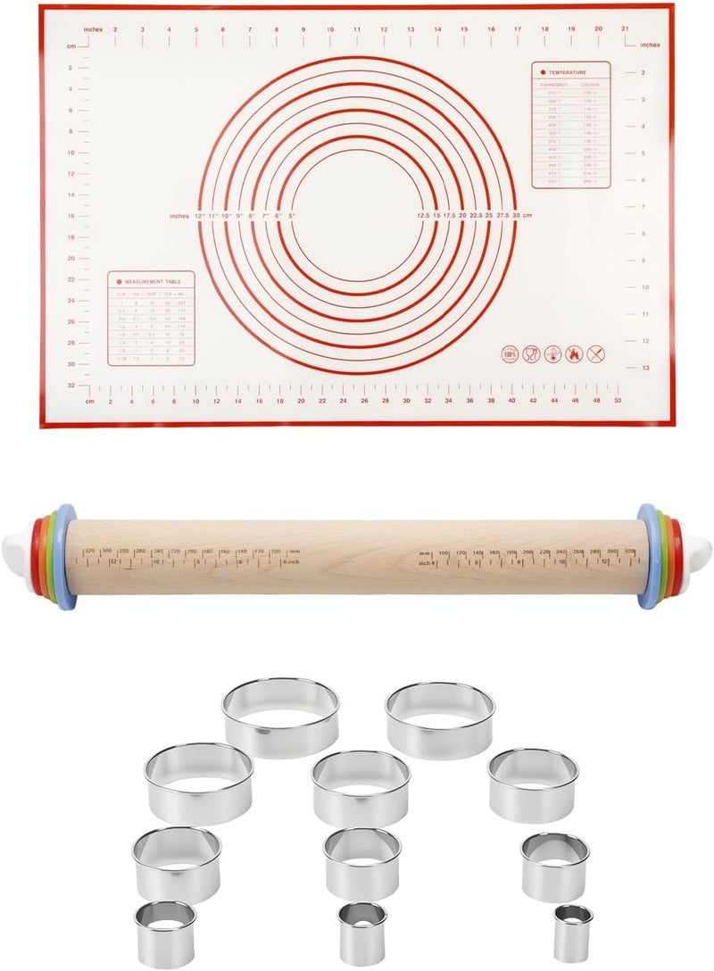 PROKITCHEN 16.7" Wood Rolling Pin with Thickness Rings, Adjustable Wooden Rolling Pins for Cookie Pastry Tools, Dough Roller Pins with 1PCS Silicone Pastry Mat & 11PCS Stainless Steel Cookie Cutters - Image 1