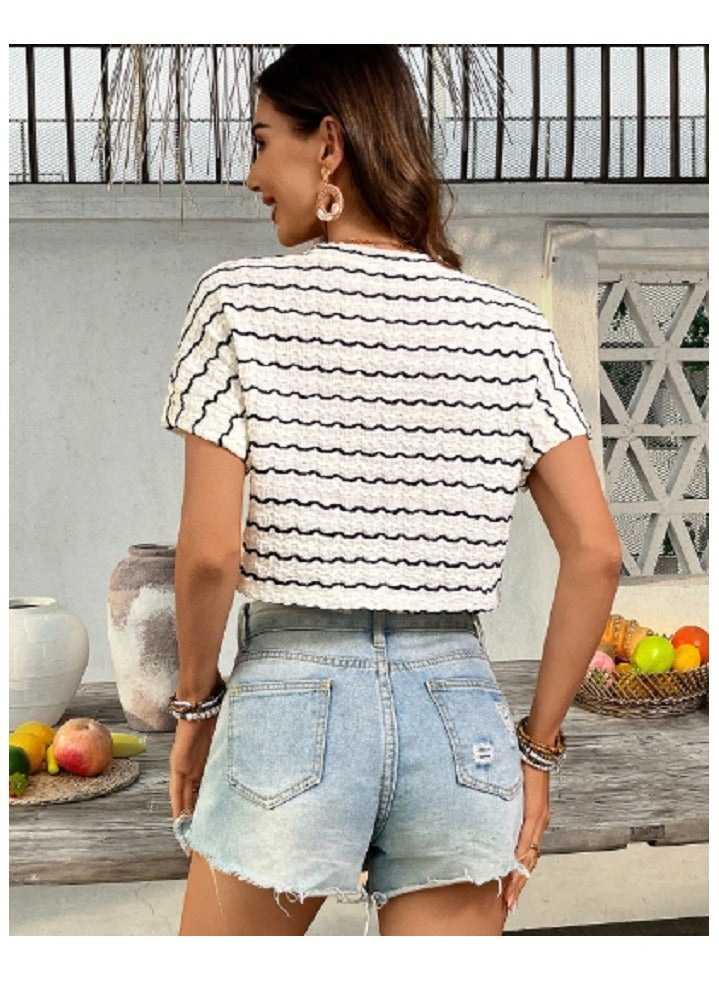 Shein SHEIN VCAY Knitted Black & White Stripe Round Neck Short Sleeve Loose Cropped Women T-Shirt  - Image 2