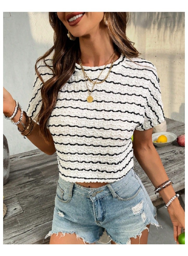 Shein SHEIN VCAY Knitted Black & White Stripe Round Neck Short Sleeve Loose Cropped Women T-Shirt  - Image 3