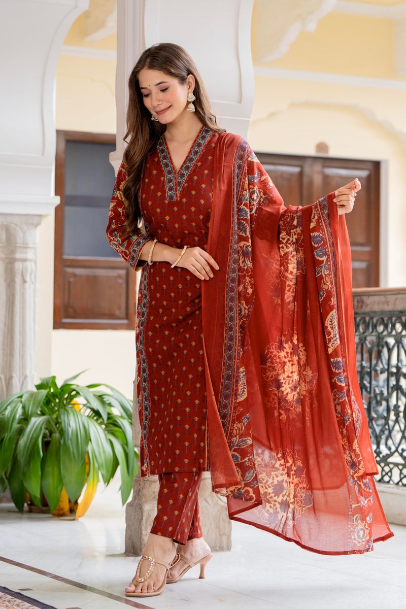 MEERA FAB Women's Cotton Blend Straight Printed Kurta with Palazzo & Dupatta - Image 3