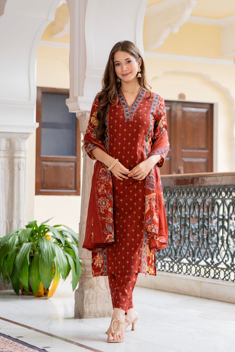 MEERA FAB Women's Cotton Blend Straight Printed Kurta with Palazzo & Dupatta - Image 5