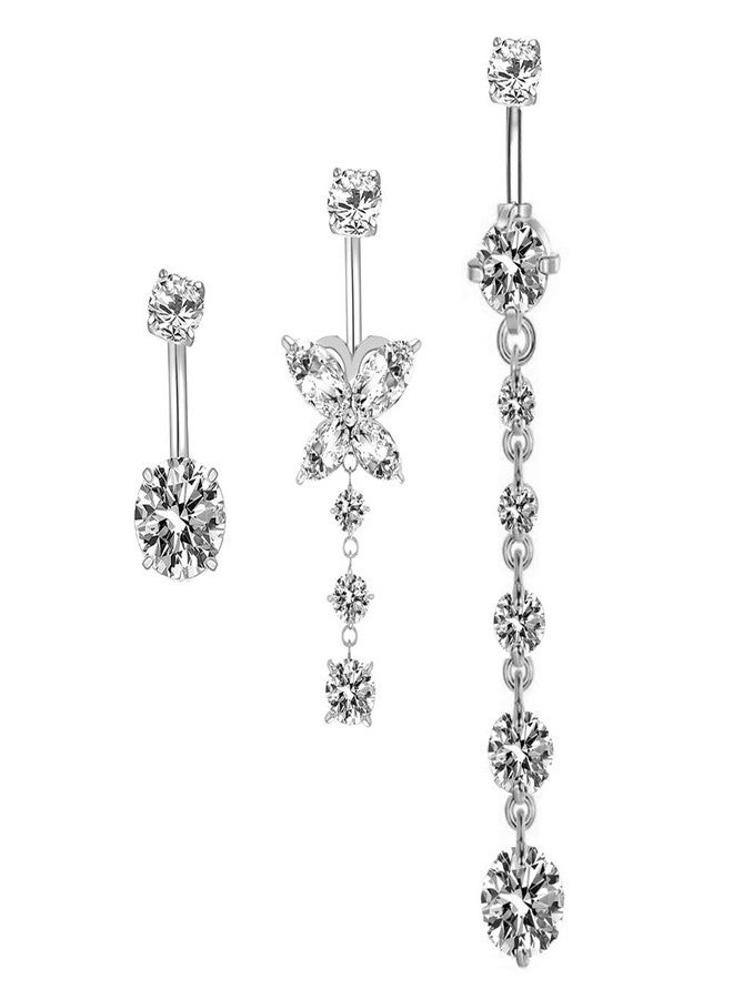 HQLA 14G Dangle Belly Button Rings butterfly/Round Clear CZ Navel Curved Barbell Studs Surgical Steel Sexy Body Piercing 3 Pcs A Set (Steel) - Image 1