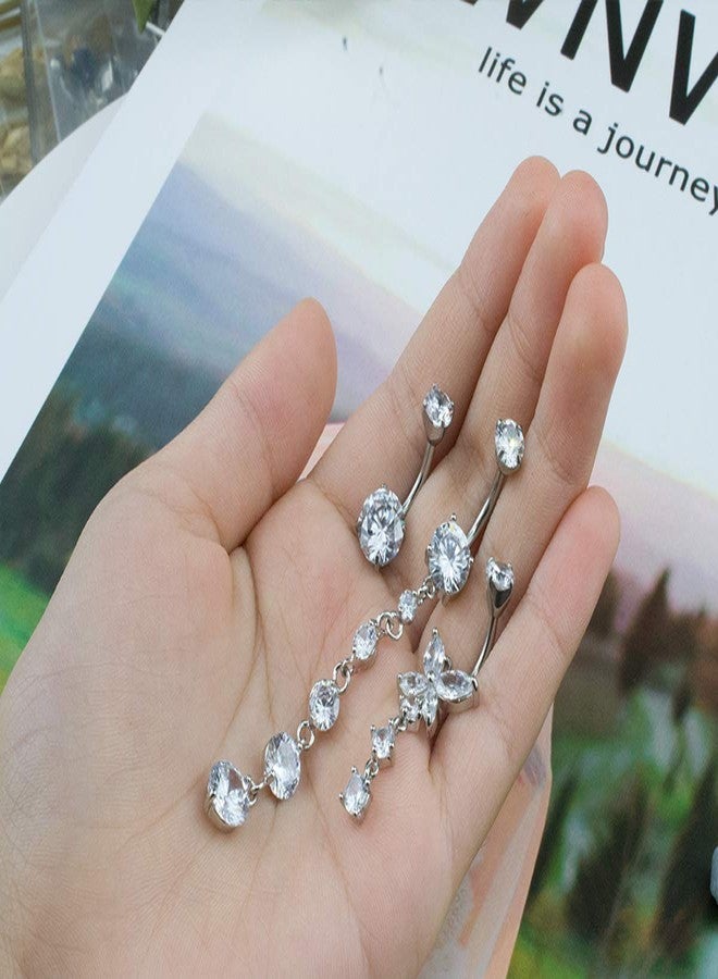 HQLA 14G Dangle Belly Button Rings butterfly/Round Clear CZ Navel Curved Barbell Studs Surgical Steel Sexy Body Piercing 3 Pcs A Set (Steel) - Image 4