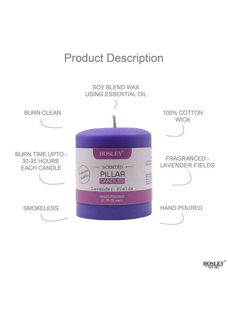 Hosley - HOSLEY 3 Inch Long Lavender Fields Fragrance Purple Pillar Candles| Soy & Paraffin Wax Candles for Home Decor|45 Hours Burn Time| Smokeless & Dripless|2.75 Inch Diameter(Pack of 1) - Image 1