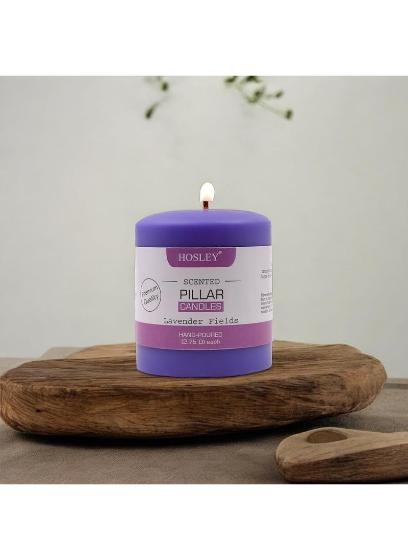 Hosley - HOSLEY 3 Inch Long Lavender Fields Fragrance Purple Pillar Candles| Soy & Paraffin Wax Candles for Home Decor|45 Hours Burn Time| Smokeless & Dripless|2.75 Inch Diameter(Pack of 1) - Image 1