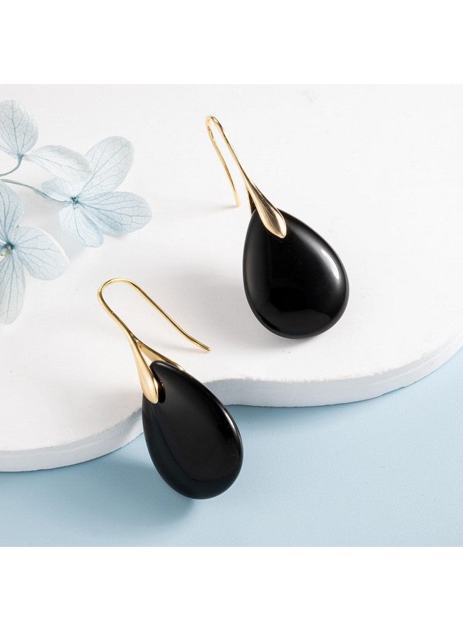 SELOVO Black Agate Teardrop Stone Drop Earrings Dangle Earrings Gold Tone - Image 3